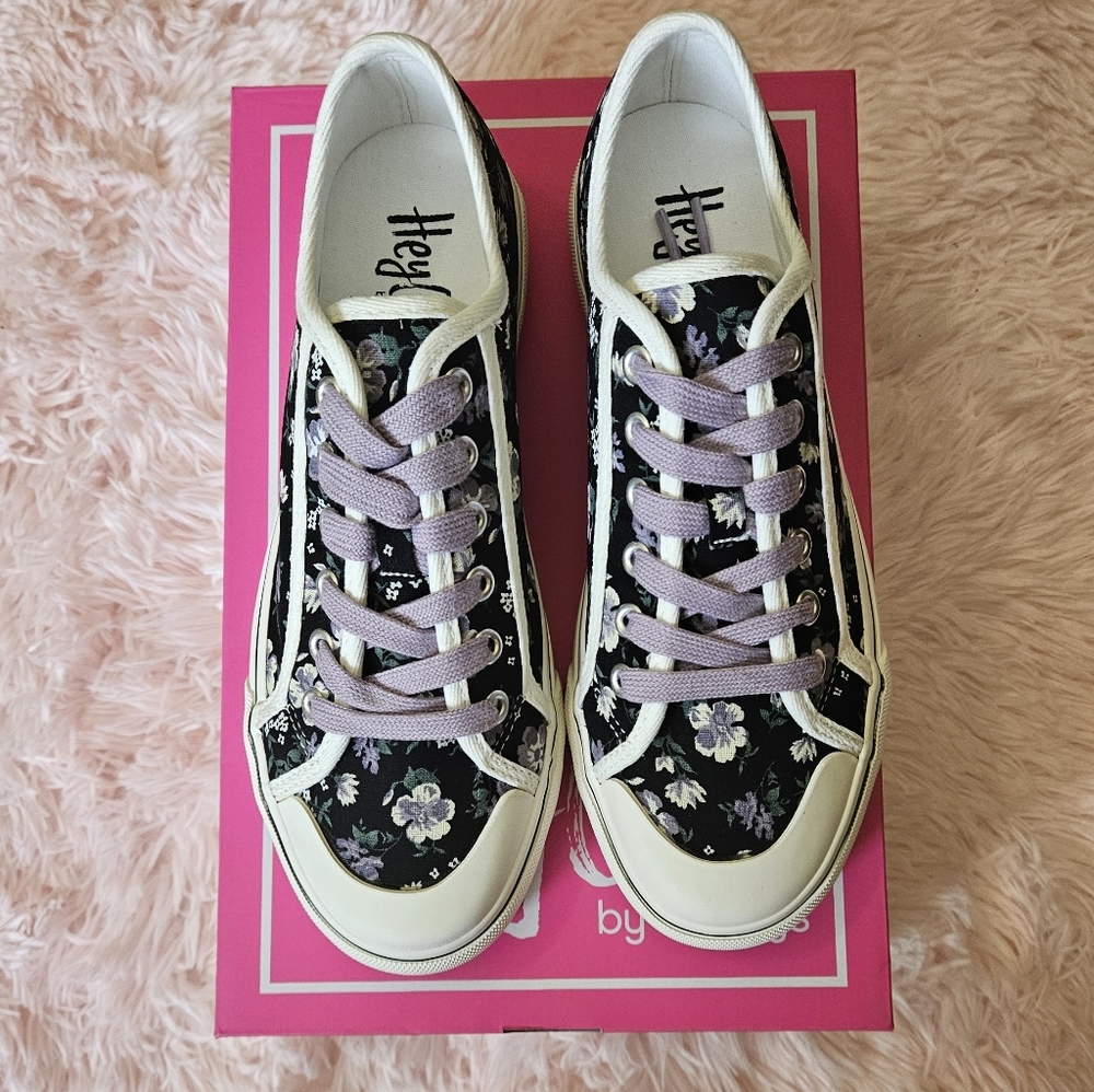 Corkys Floral Black and White Sneakers with Purple Laces